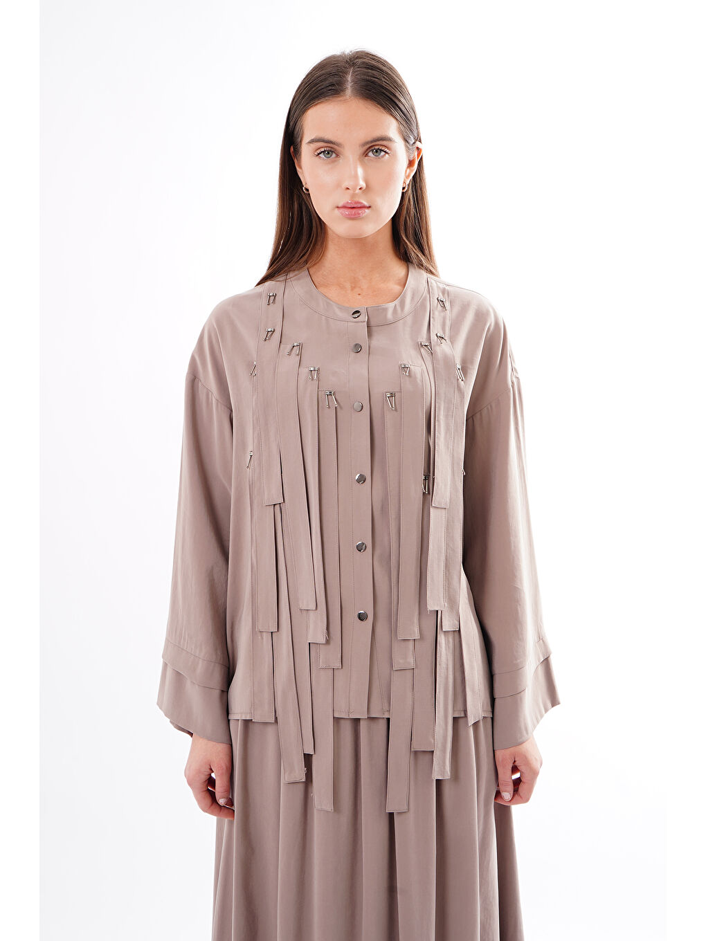 Bej Önü Saçak Bant Detaylı Etekli Sicilya Takım 934 Vizon-1