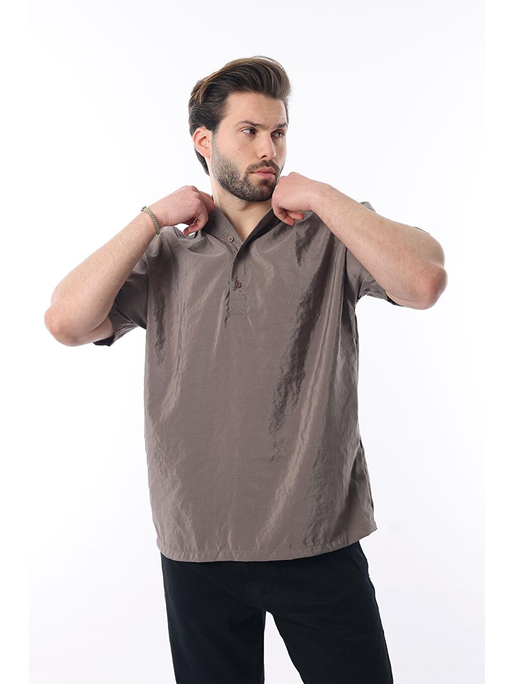 Kahverengi Oversize Rahat Kesim Kısa Kollu Gömlek 6744-2