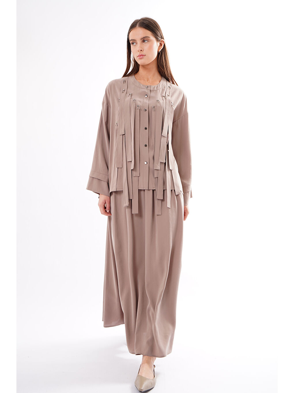 Bej Önü Saçak Bant Detaylı Etekli Sicilya Takım 934 Vizon-2