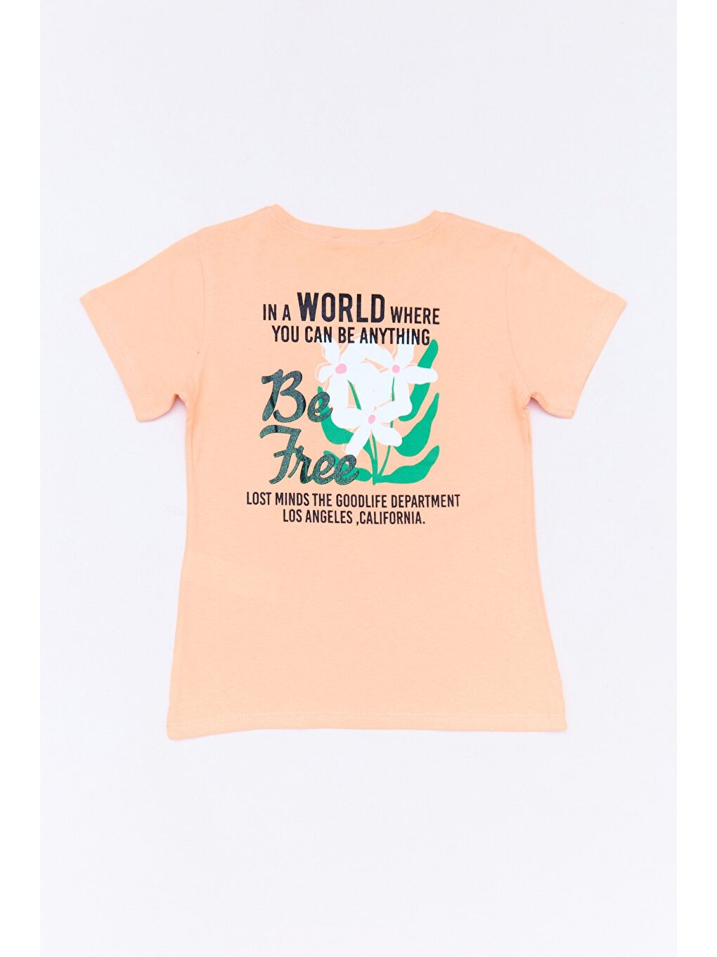Turuncu %100 Pamuk Önü Ve Arkası Çiçek Baskılı Kız Çocuk Tişört-1