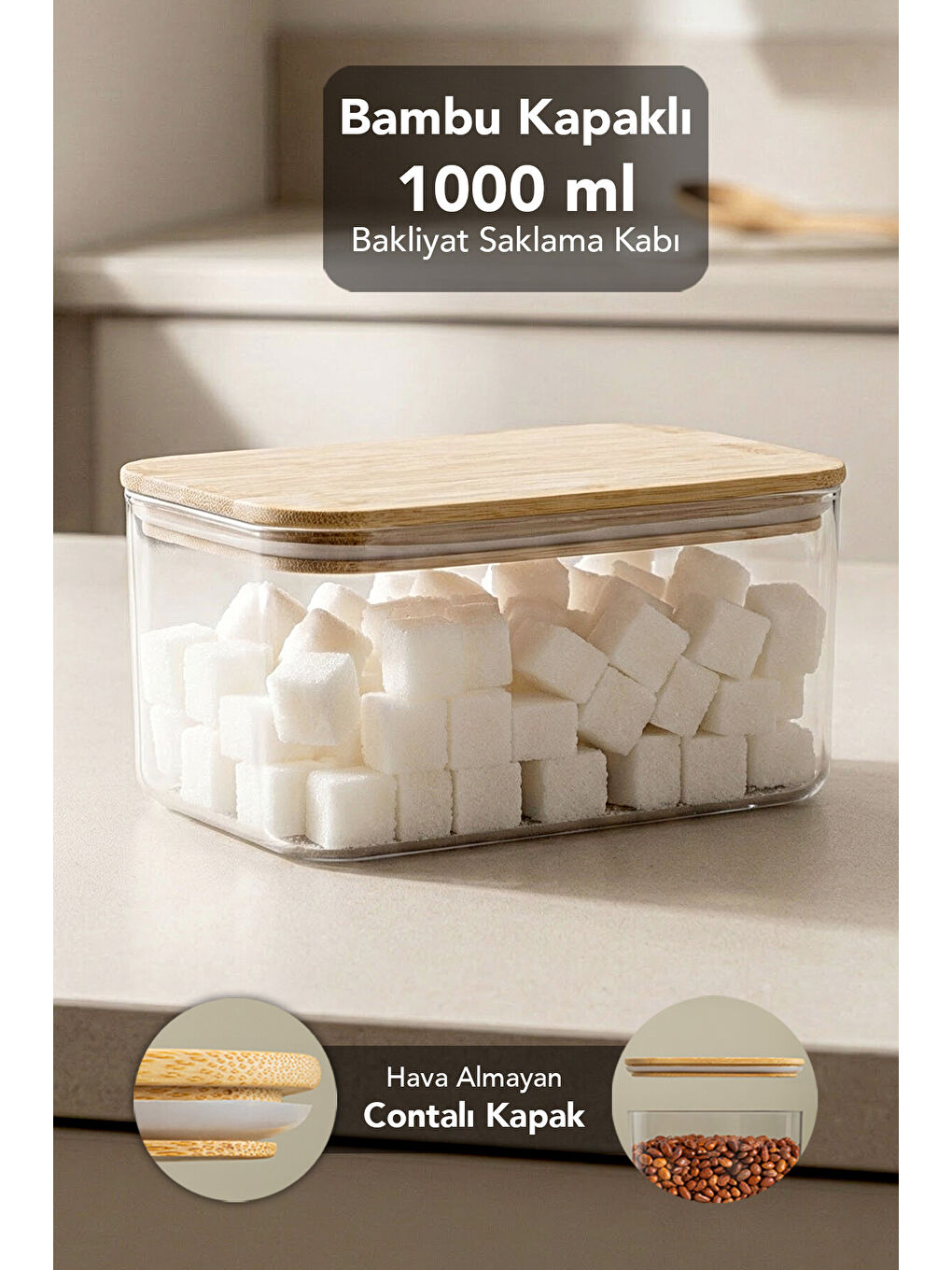 Bej Bambu Kapak Aura Dikdörtgen Erzak Saklama Kabı 1 l