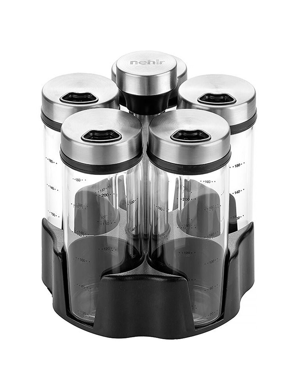 Gri Carlo 5'li Borosilikat Döner Standlı Baharatlık-1