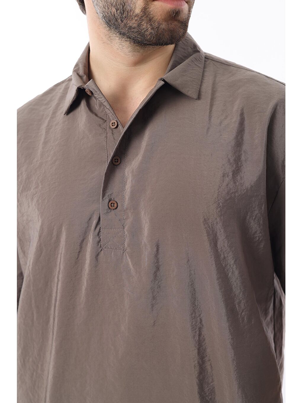 Kahverengi Oversize Rahat Kesim Kısa Kollu Gömlek 6744-3