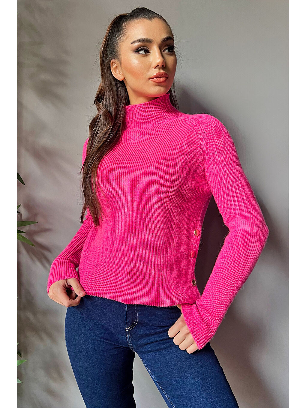 Fuşya Balıkçı Yaka Yan Düğmeli Kadın Triko Kazak