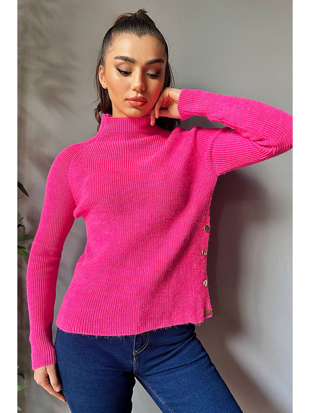 Fuşya Balıkçı Yaka Yan Düğmeli Kadın Triko Kazak-1
