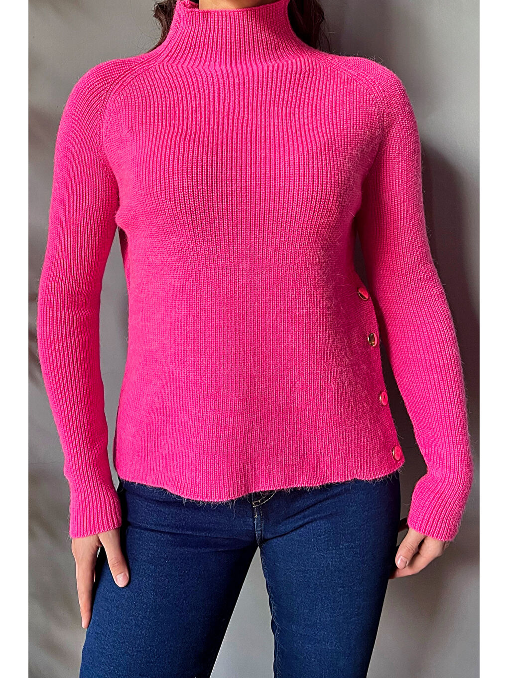 Fuşya Balıkçı Yaka Yan Düğmeli Kadın Triko Kazak-2