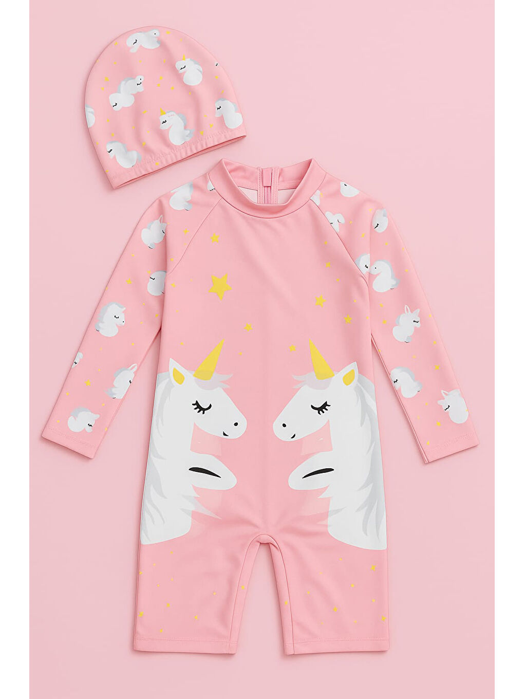 Pembe Kız Cocuk Uzun Kollu ve Fermuarlı Mayo Takımı 3 -10 Yas 11907