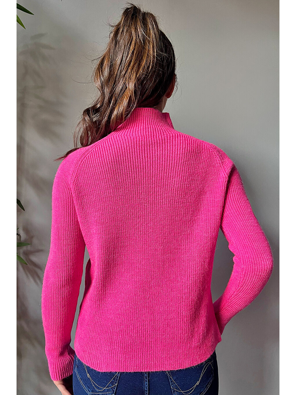 Fuşya Balıkçı Yaka Yan Düğmeli Kadın Triko Kazak-3