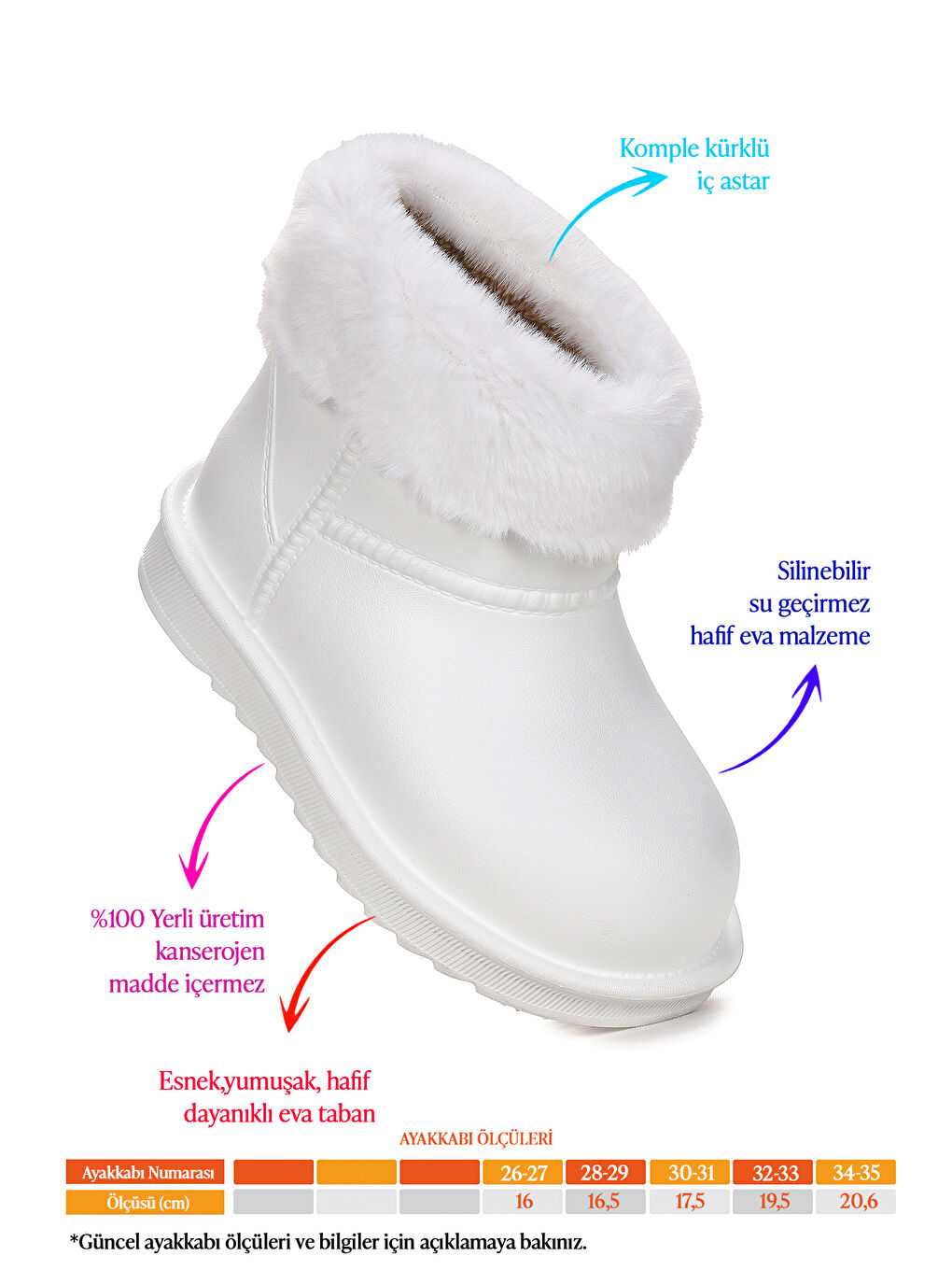 Beyaz Geta Su Geçirmez İçi Kürklü Kız Çocuk Eva Yağmur Kar Çizme-1