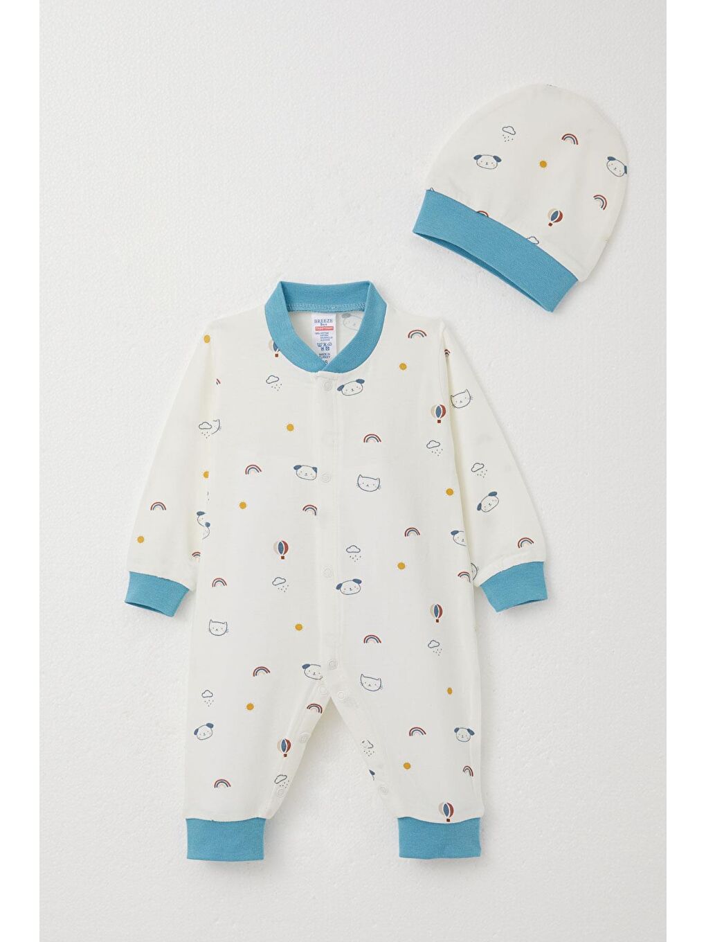 Erkek Bebek Tulum Gökyüzü Temalı Hayvancık Desenli Beyaz (0-6 Ay)