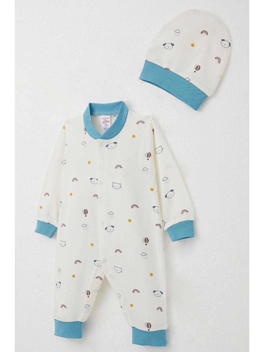 Erkek Bebek Tulum Gökyüzü Temalı Hayvancık Desenli Beyaz (0-6 Ay)-2