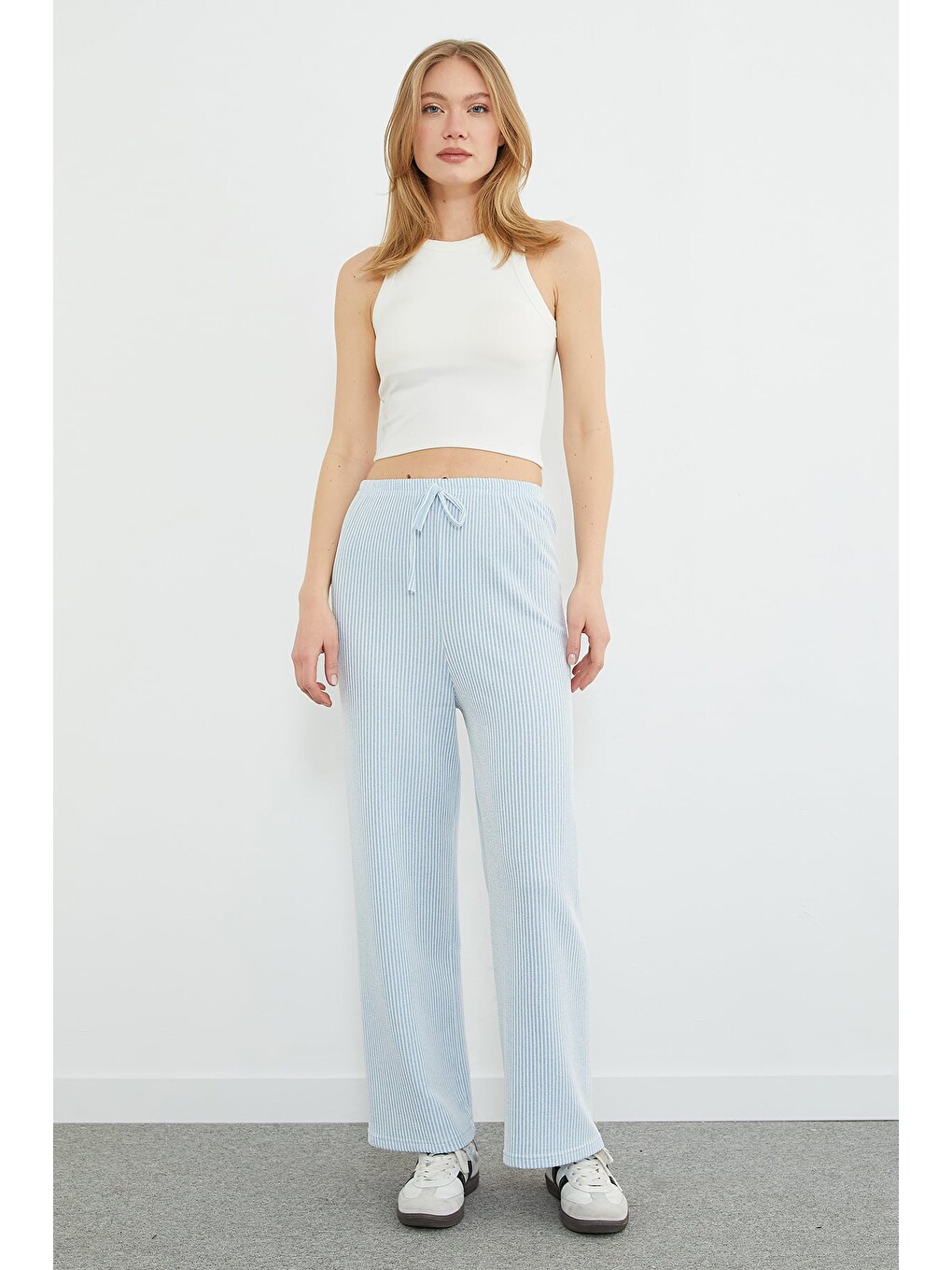 Mavi Çizgili Beli Lastikli Wide Leg Pantolon