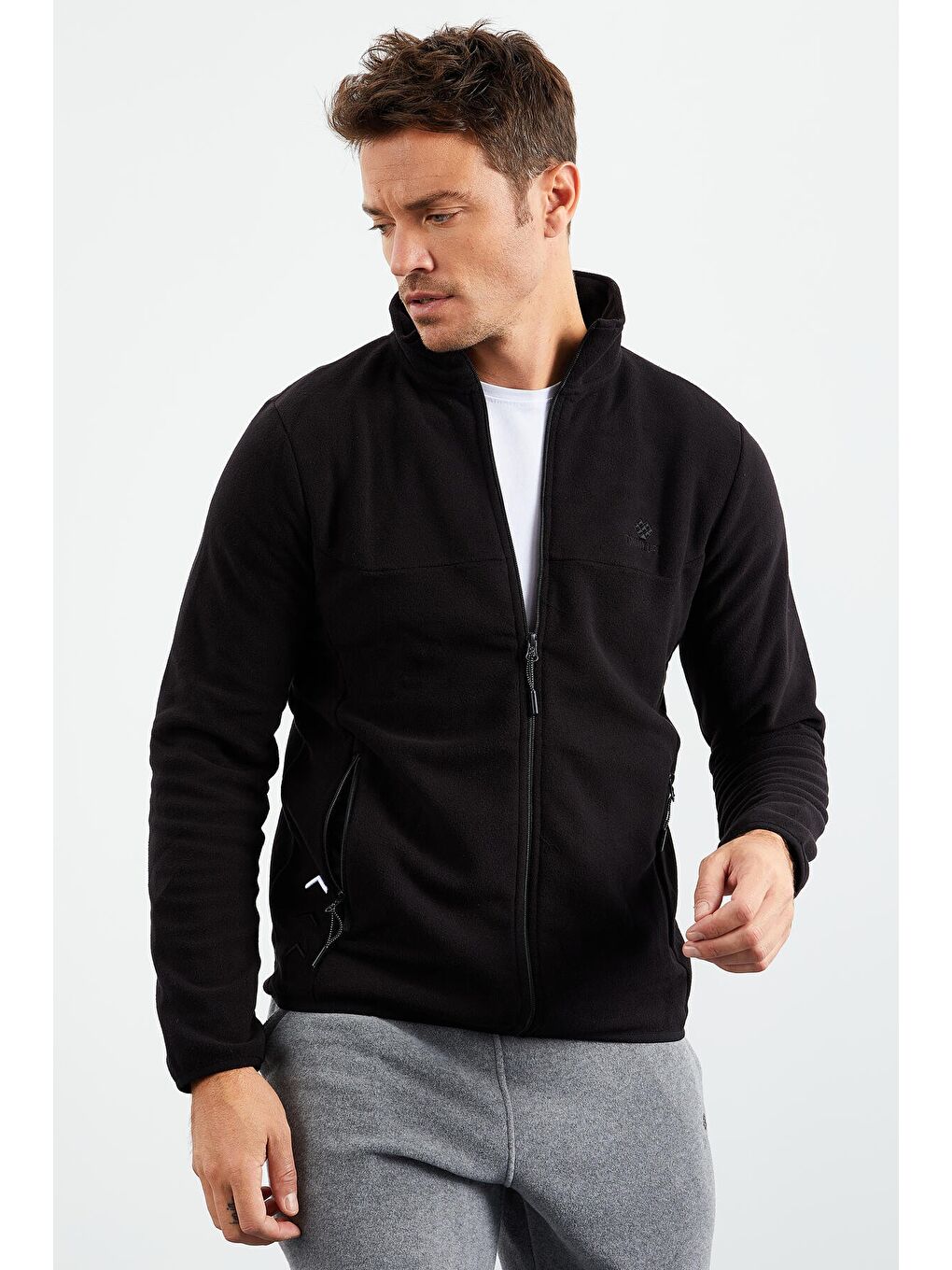 Siyah  Fermuarlı Sweatshirt Slim Fit Dik Yaka Erkek Polar - 87270