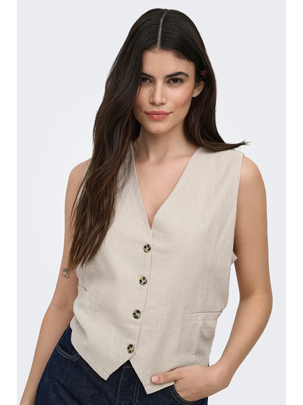 Bej Onltizana % 100 Pamuk Regular Fit V Yaka Yelek 15337097-1