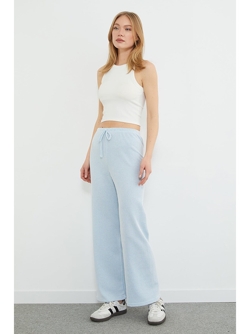 Mavi Çizgili Beli Lastikli Wide Leg Pantolon-1