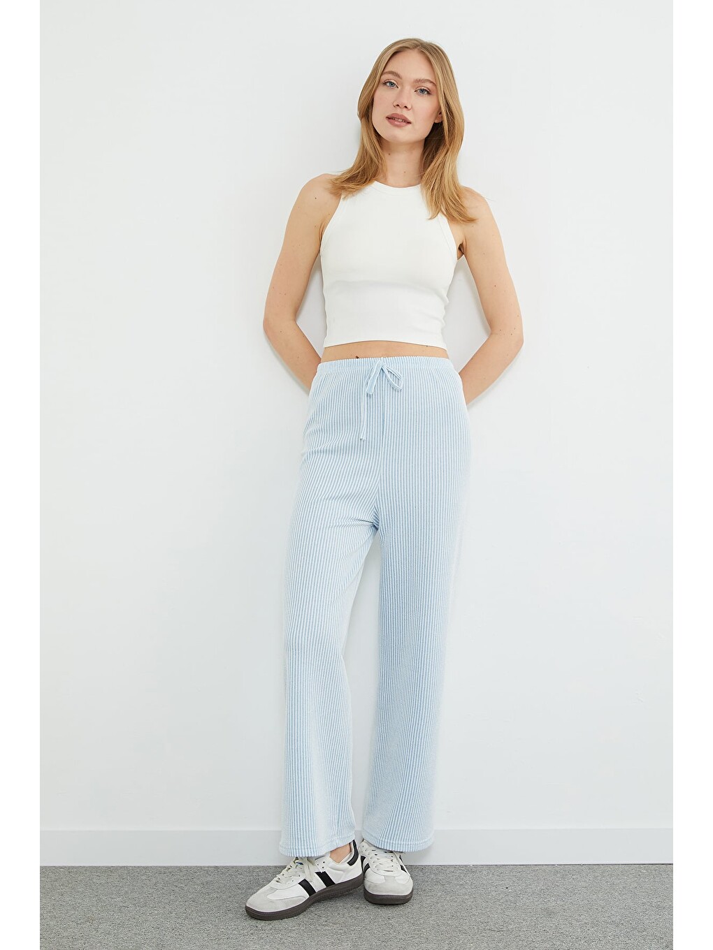 Mavi Çizgili Beli Lastikli Wide Leg Pantolon-2
