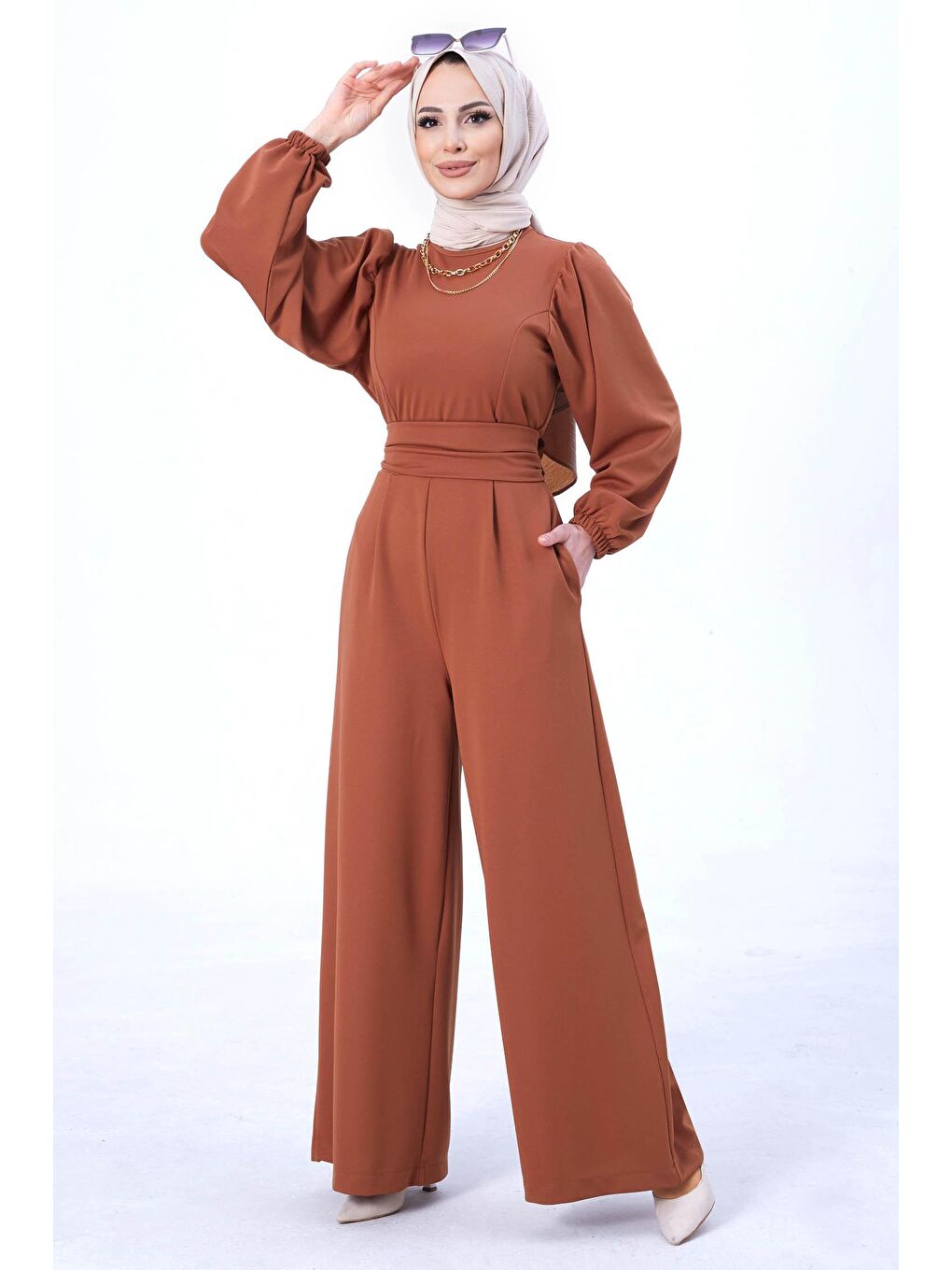 Kahverengi Bisiklet Yaka Kadın Taba Tulum - 11110