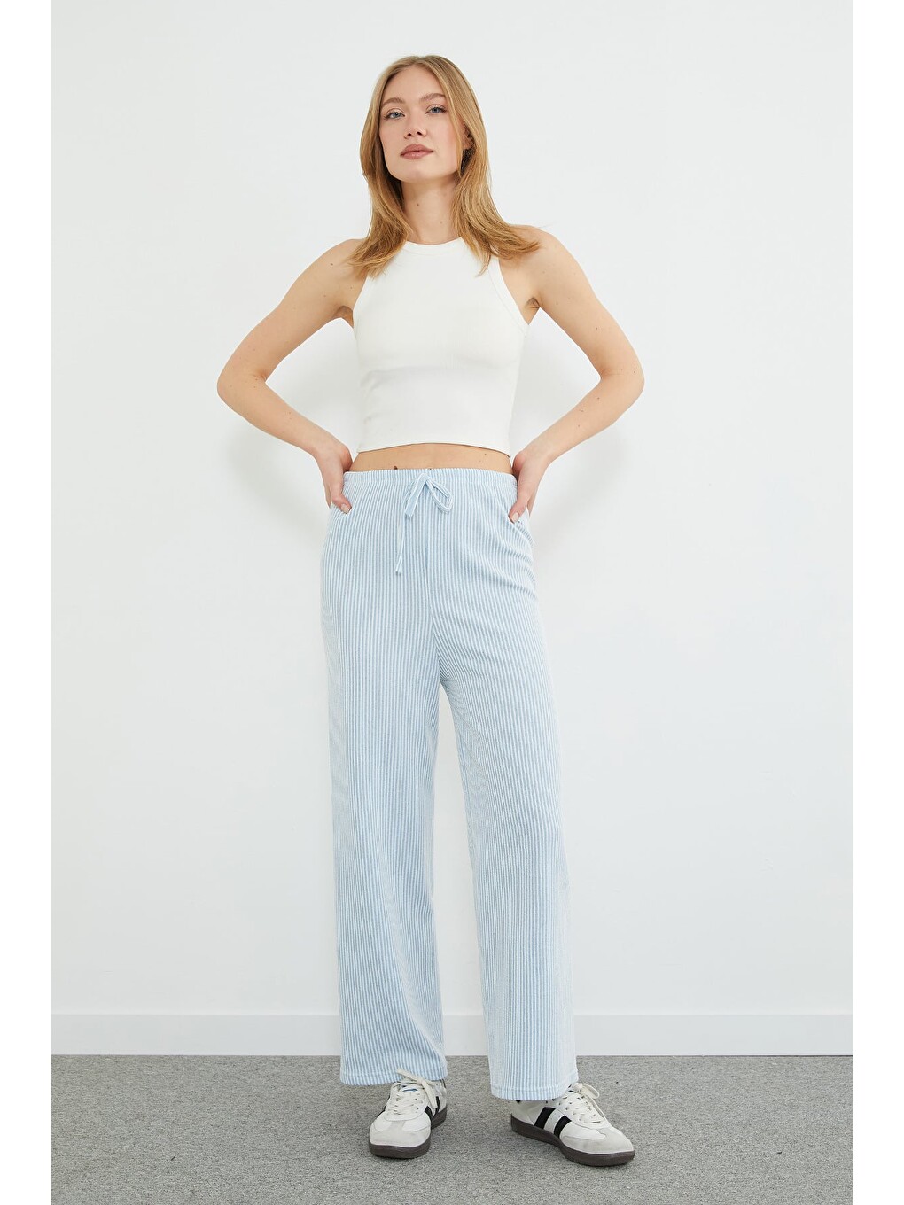 Mavi Çizgili Beli Lastikli Wide Leg Pantolon-3