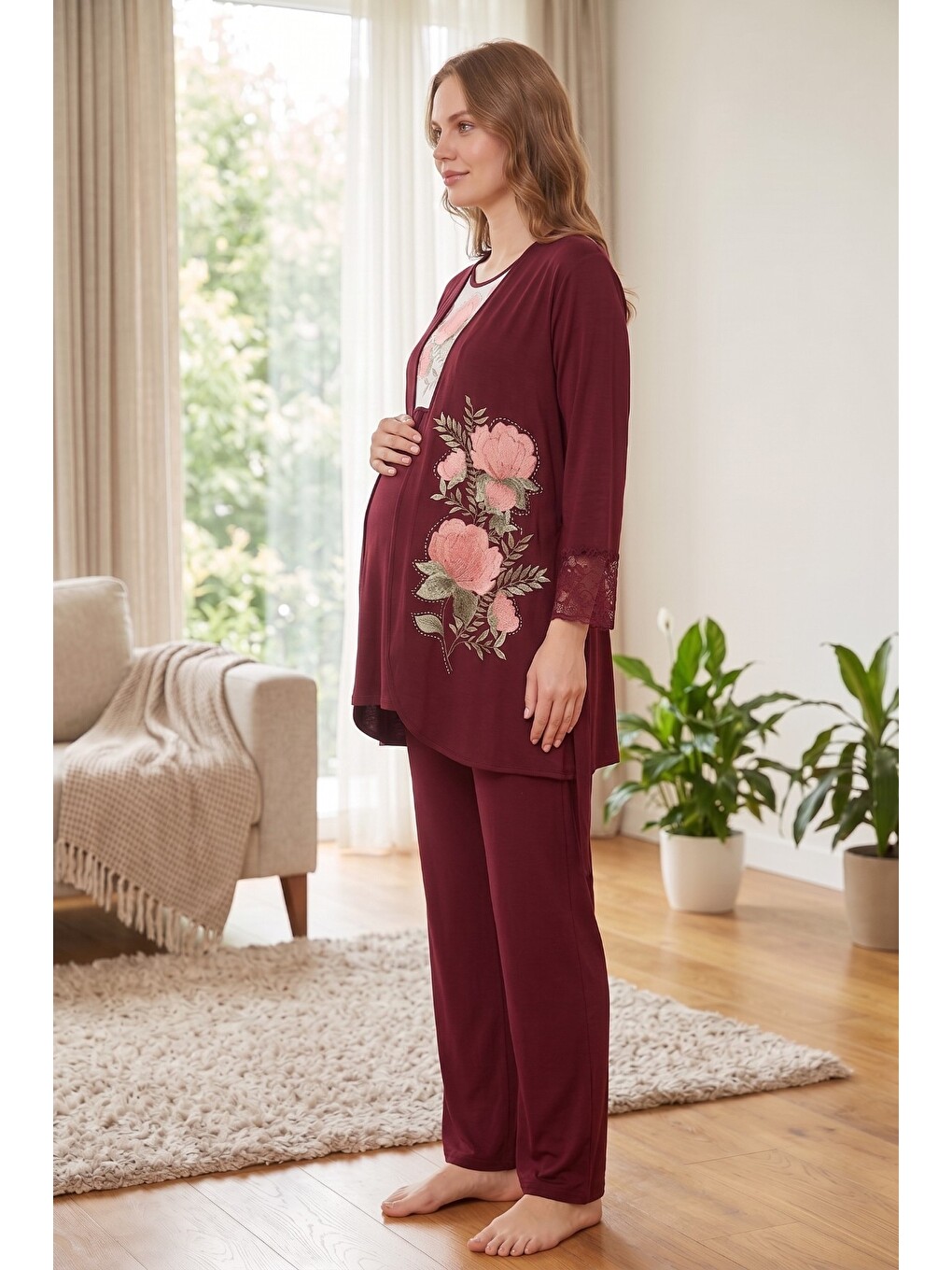 Bordo Rosette Çiçek Desenli Dantel Detaylı Sabahlıklı Hamile Ve Lohusa Pijama Takımı-1