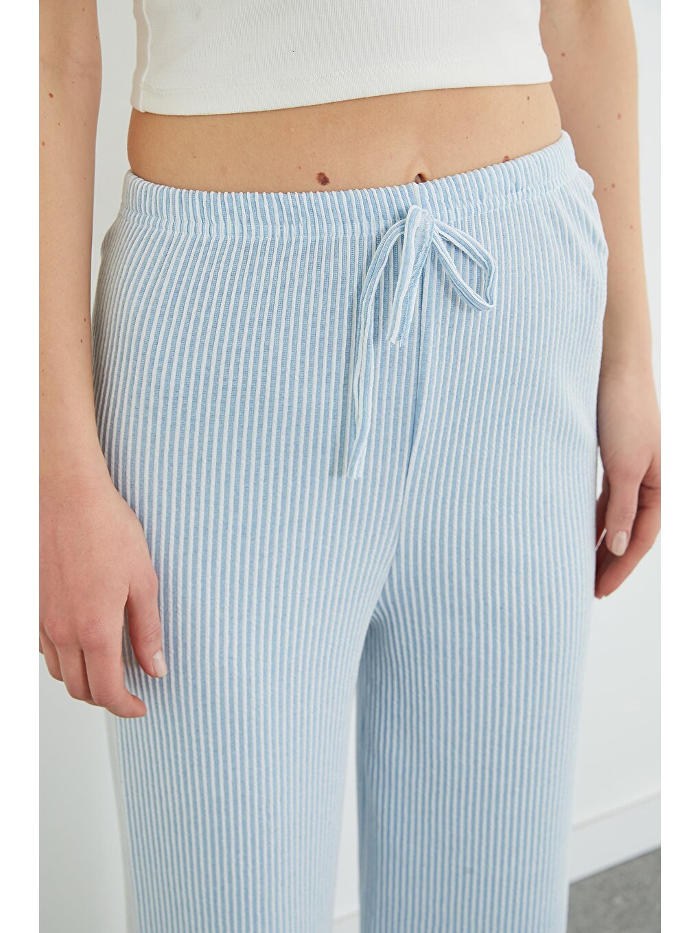 Mavi Çizgili Beli Lastikli Wide Leg Pantolon-4