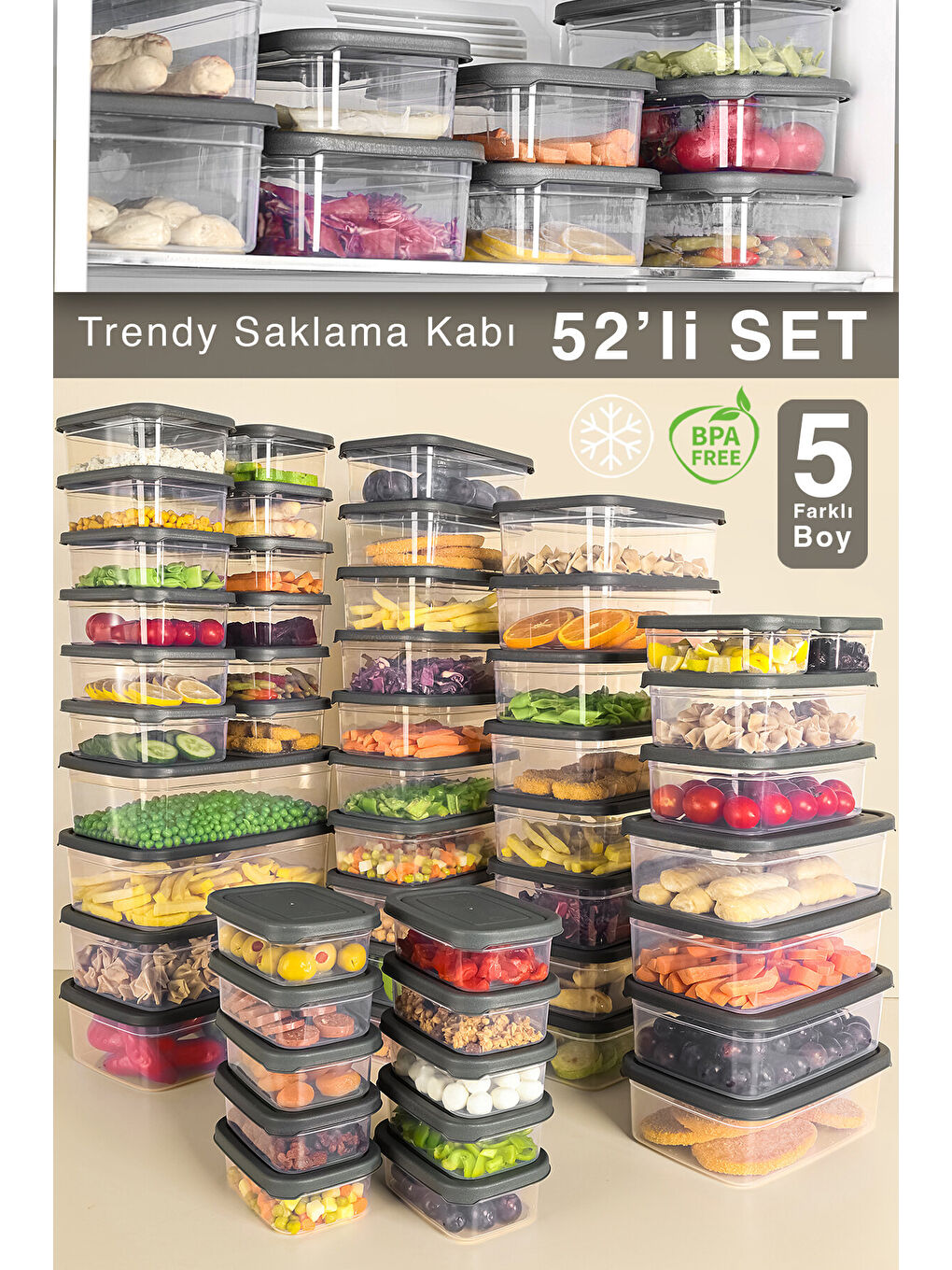 Gri 52'li Dikdörtgen Erzak Saklama Kabı