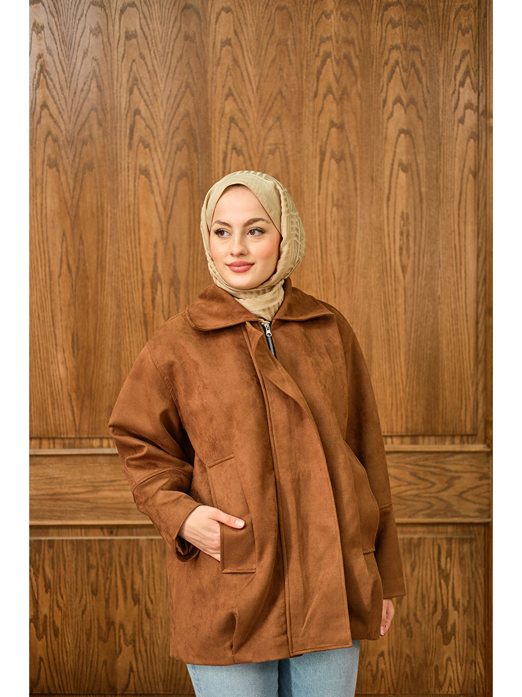 Kadın Fermuarlı Süet Ceket Kahverengi-1