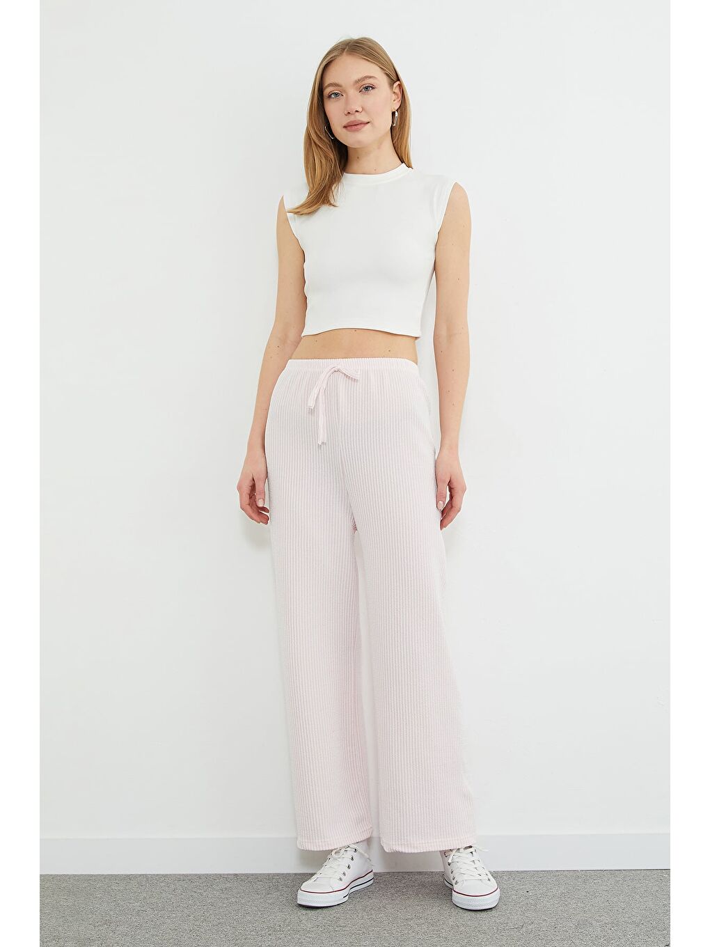 Pembe Çizgili Beli Lastikli Wide Leg Pantolon