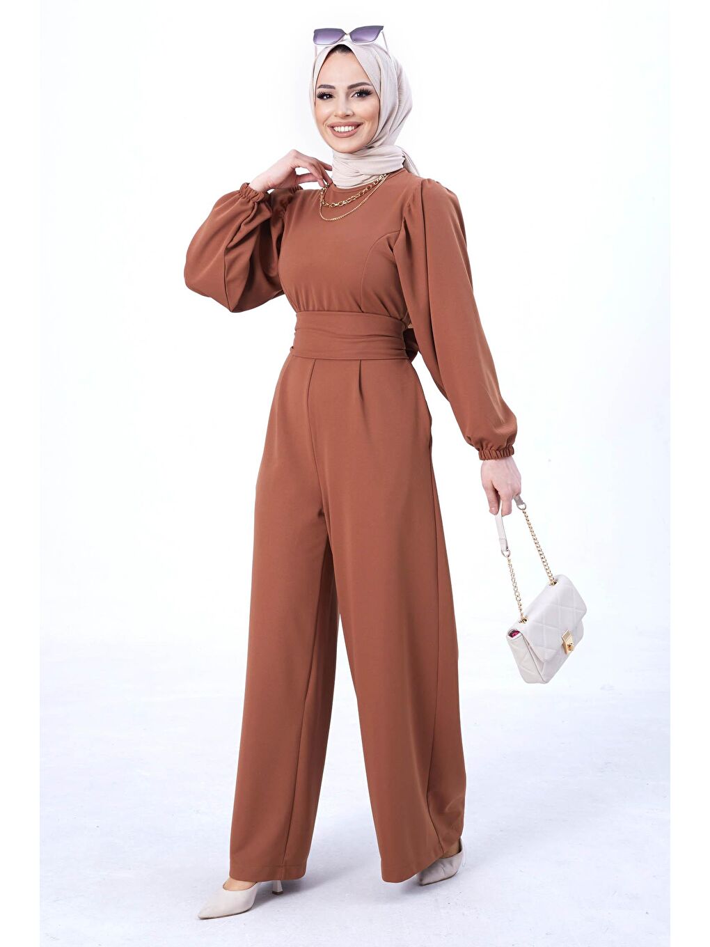 Kahverengi Bisiklet Yaka Kadın Taba Tulum - 11110-1