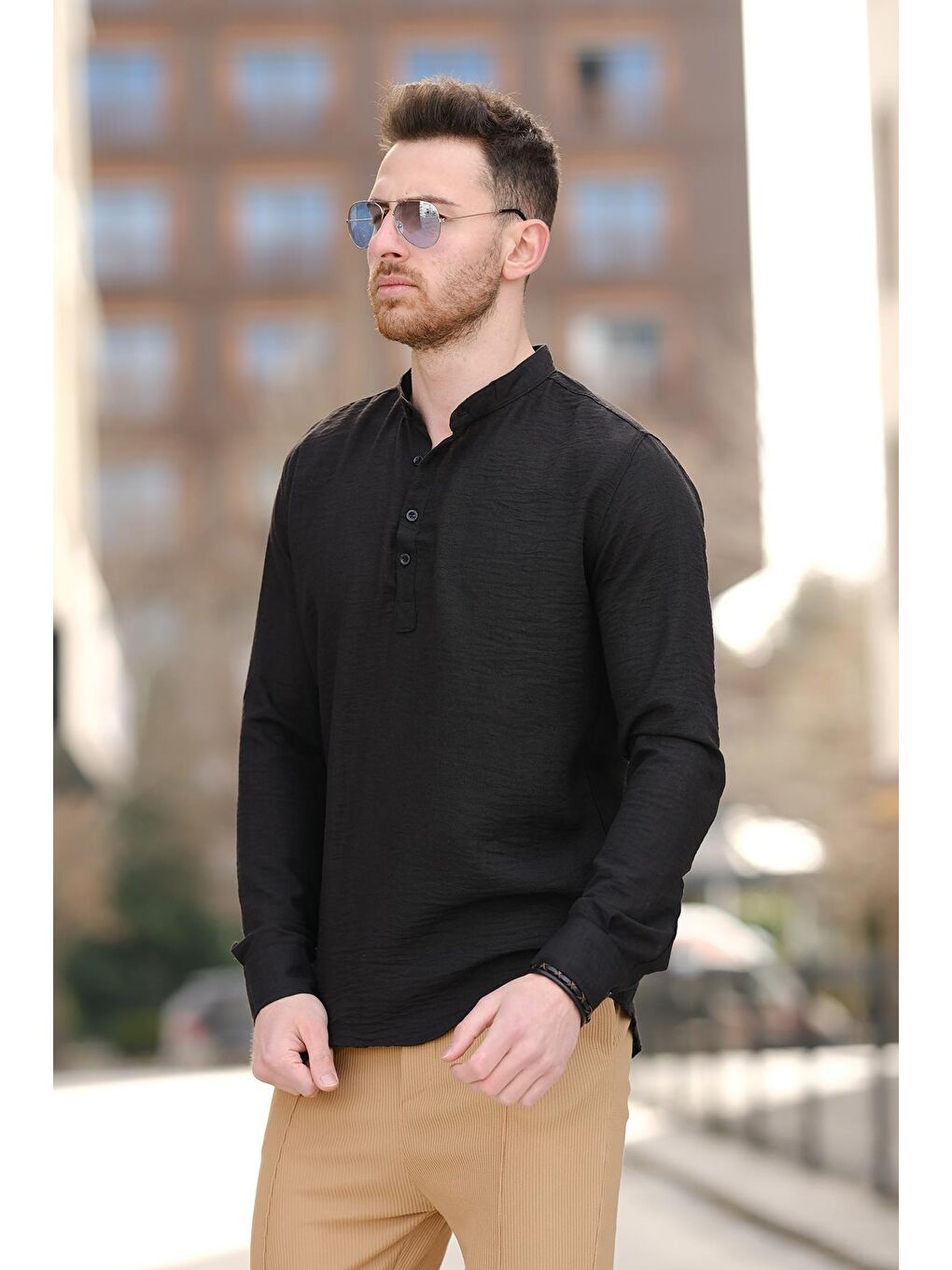 Siyah Zareh Slim Fit Kırınkıl Desen Yarım Pat Hakim Yaka Erkek Gömlek-1