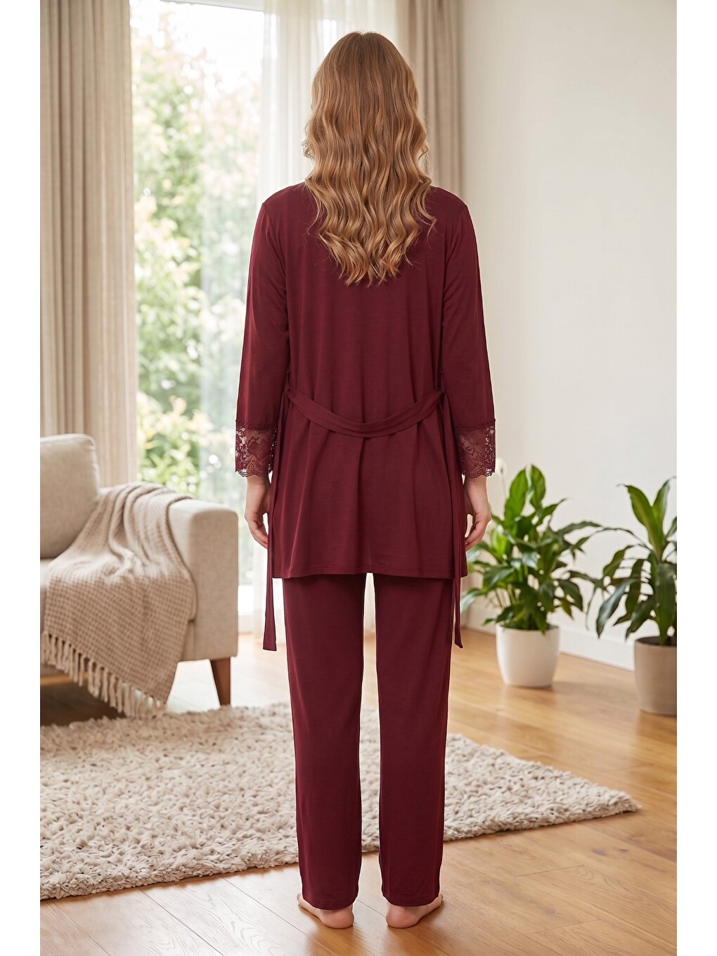 Bordo Rosette Çiçek Desenli Dantel Detaylı Sabahlıklı Hamile Ve Lohusa Pijama Takımı-2