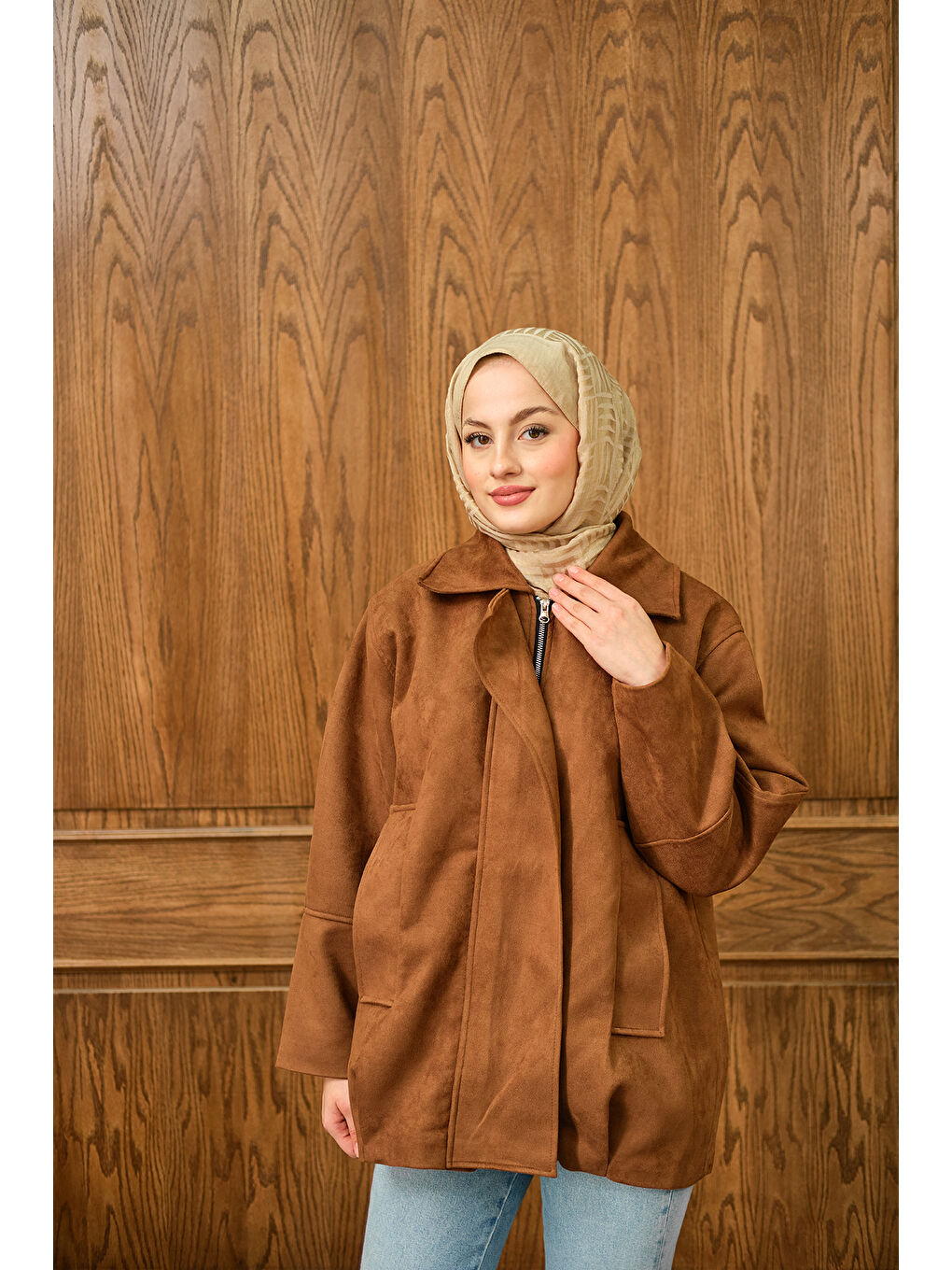 Kadın Fermuarlı Süet Ceket Kahverengi-2