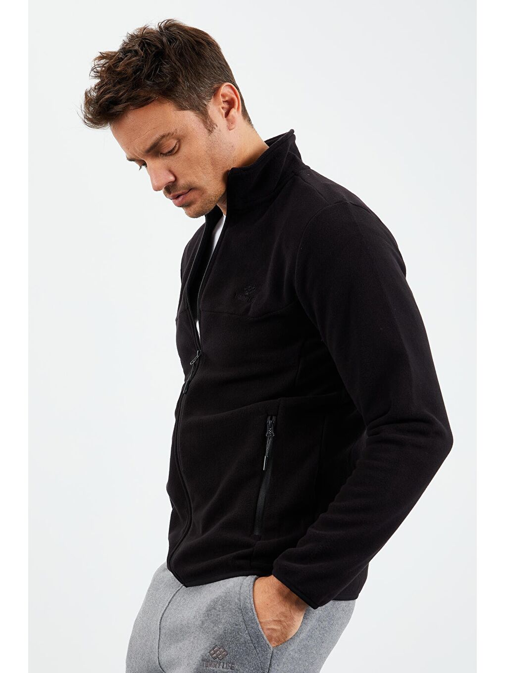 Siyah  Fermuarlı Sweatshirt Slim Fit Dik Yaka Erkek Polar - 87270-2
