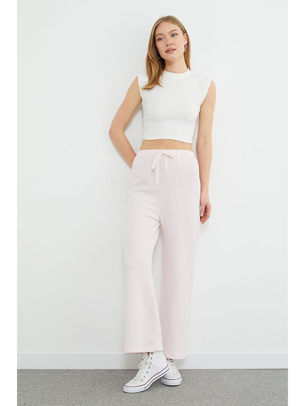 Pembe Çizgili Beli Lastikli Wide Leg Pantolon-1