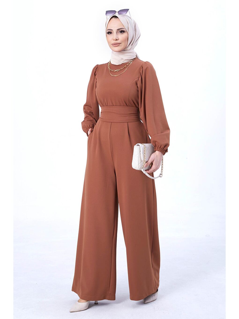 Kahverengi Bisiklet Yaka Kadın Taba Tulum - 11110-2