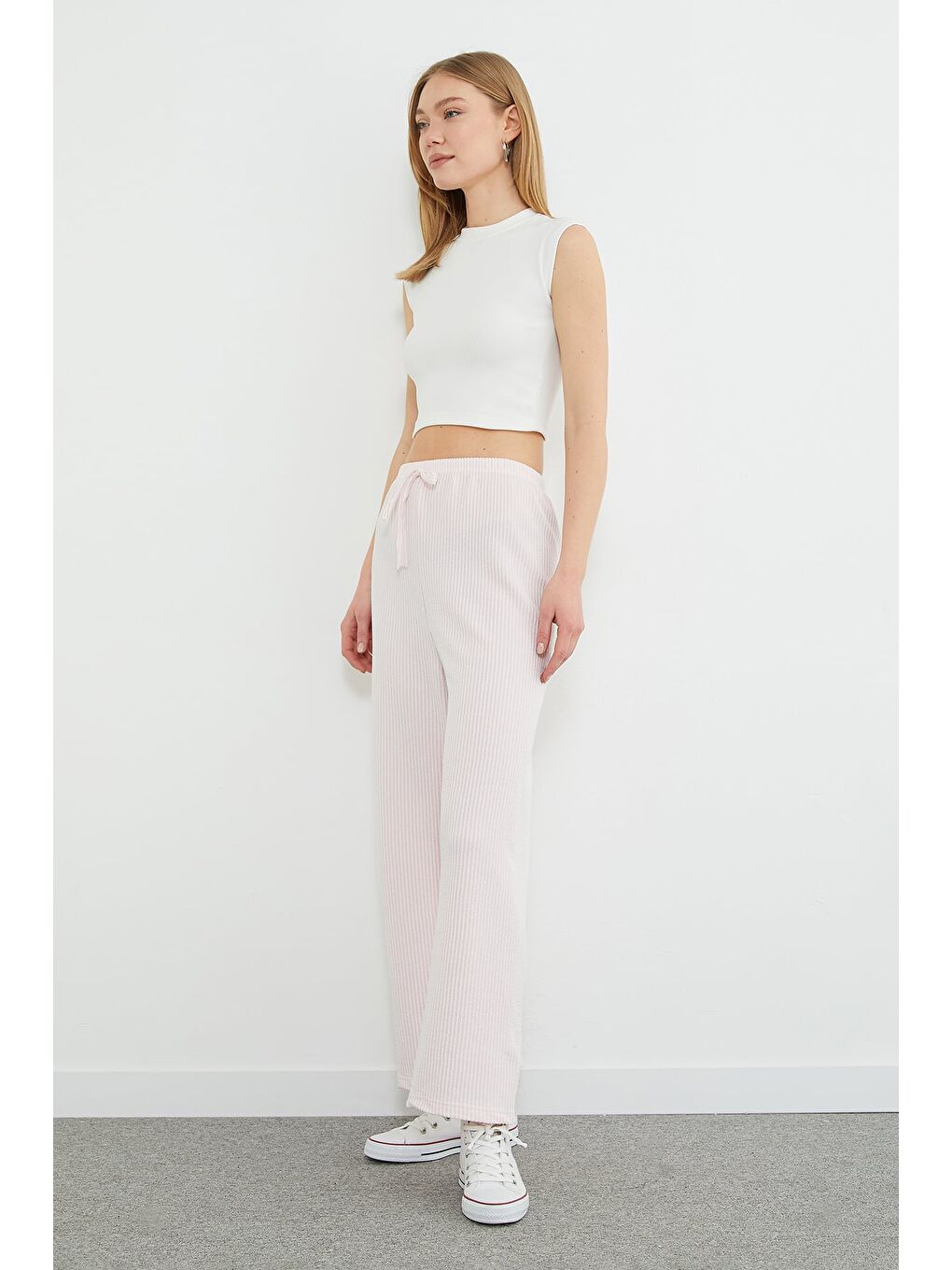 Pembe Çizgili Beli Lastikli Wide Leg Pantolon-2