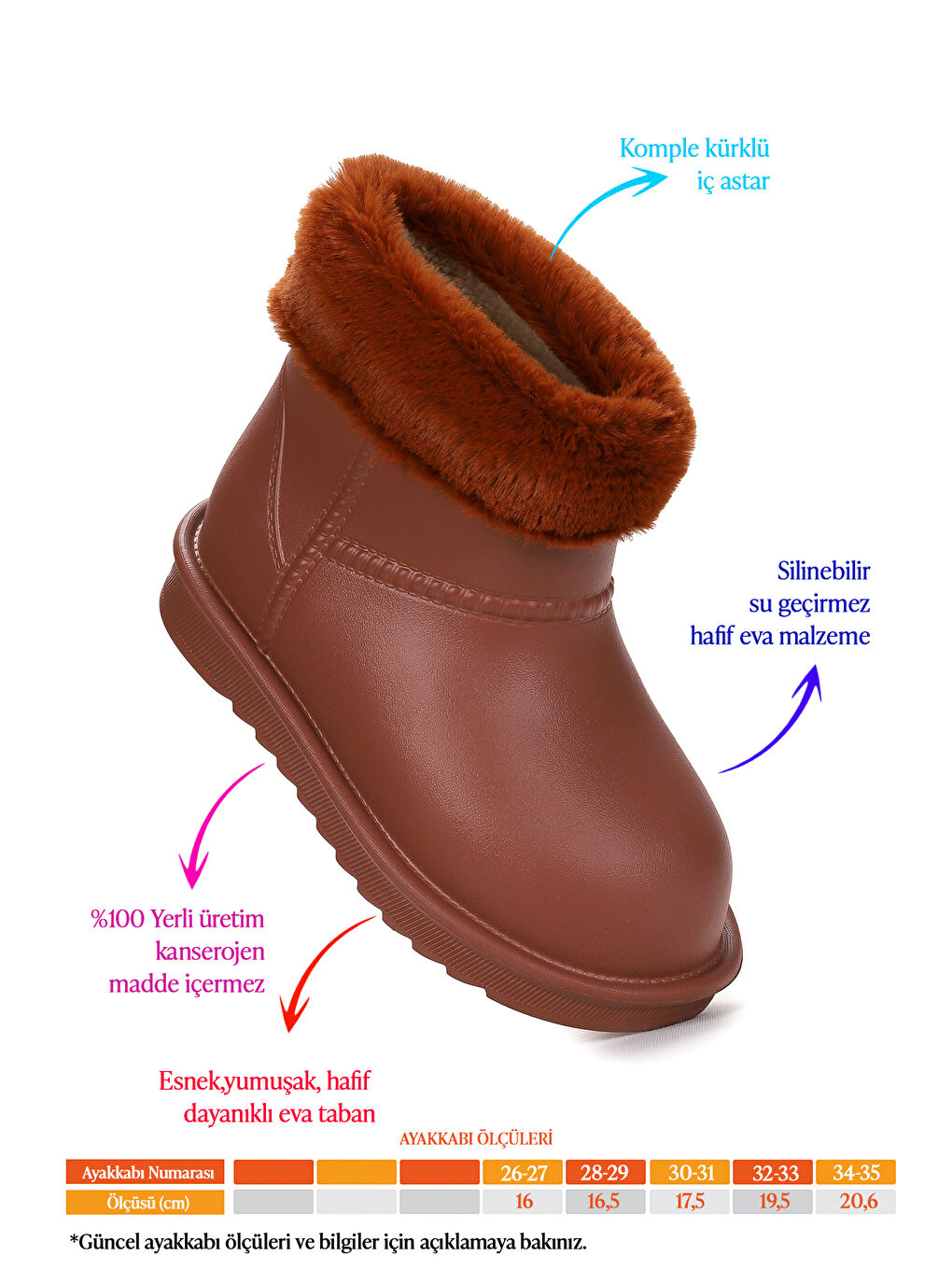Kahverengi Geta Su Geçirmez İçi Kürklü Kız Çocuk Eva Yağmur Kar Çizme-1