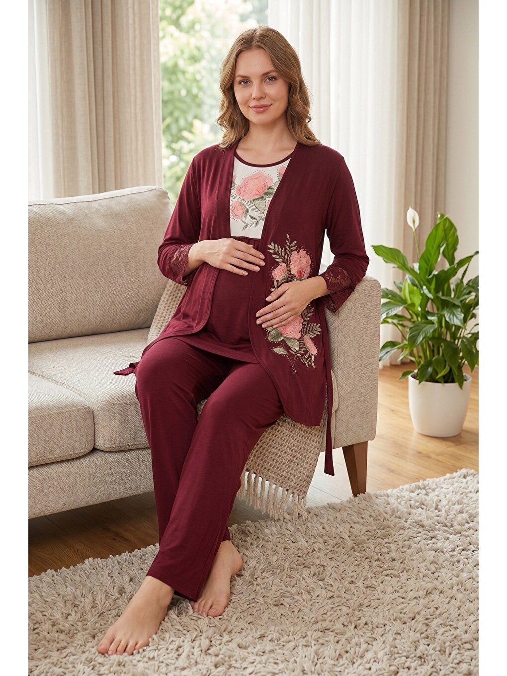 Bordo Rosette Çiçek Desenli Dantel Detaylı Sabahlıklı Hamile Ve Lohusa Pijama Takımı-3