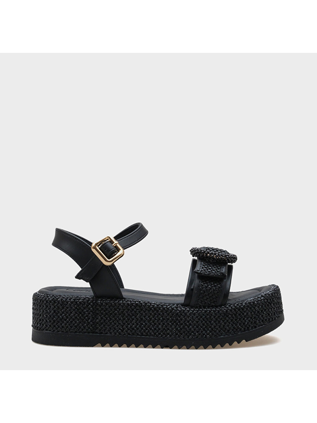 Siyah Vanda Ahşap Tek Tokalı Leoparlı Hasırlı Dolgu Topuklu Kadın Sandalet