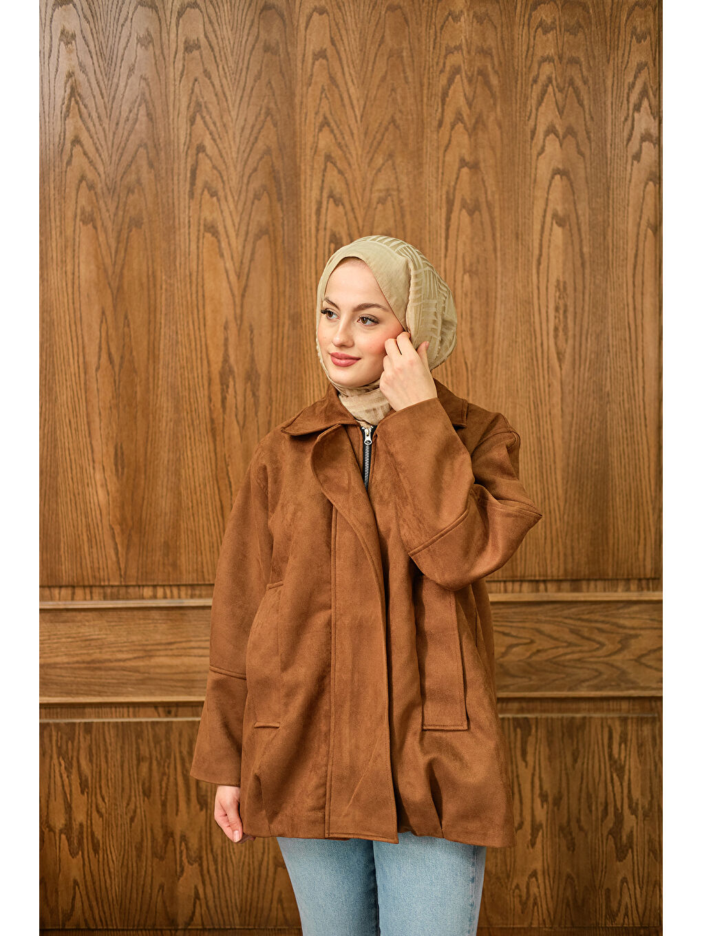 Kadın Fermuarlı Süet Ceket Kahverengi-3