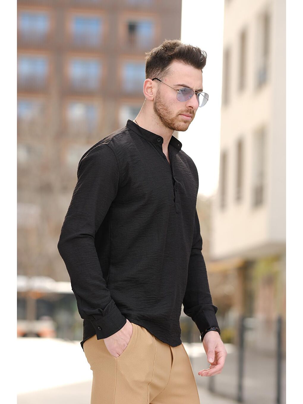 Siyah Zareh Slim Fit Kırınkıl Desen Yarım Pat Hakim Yaka Erkek Gömlek-2