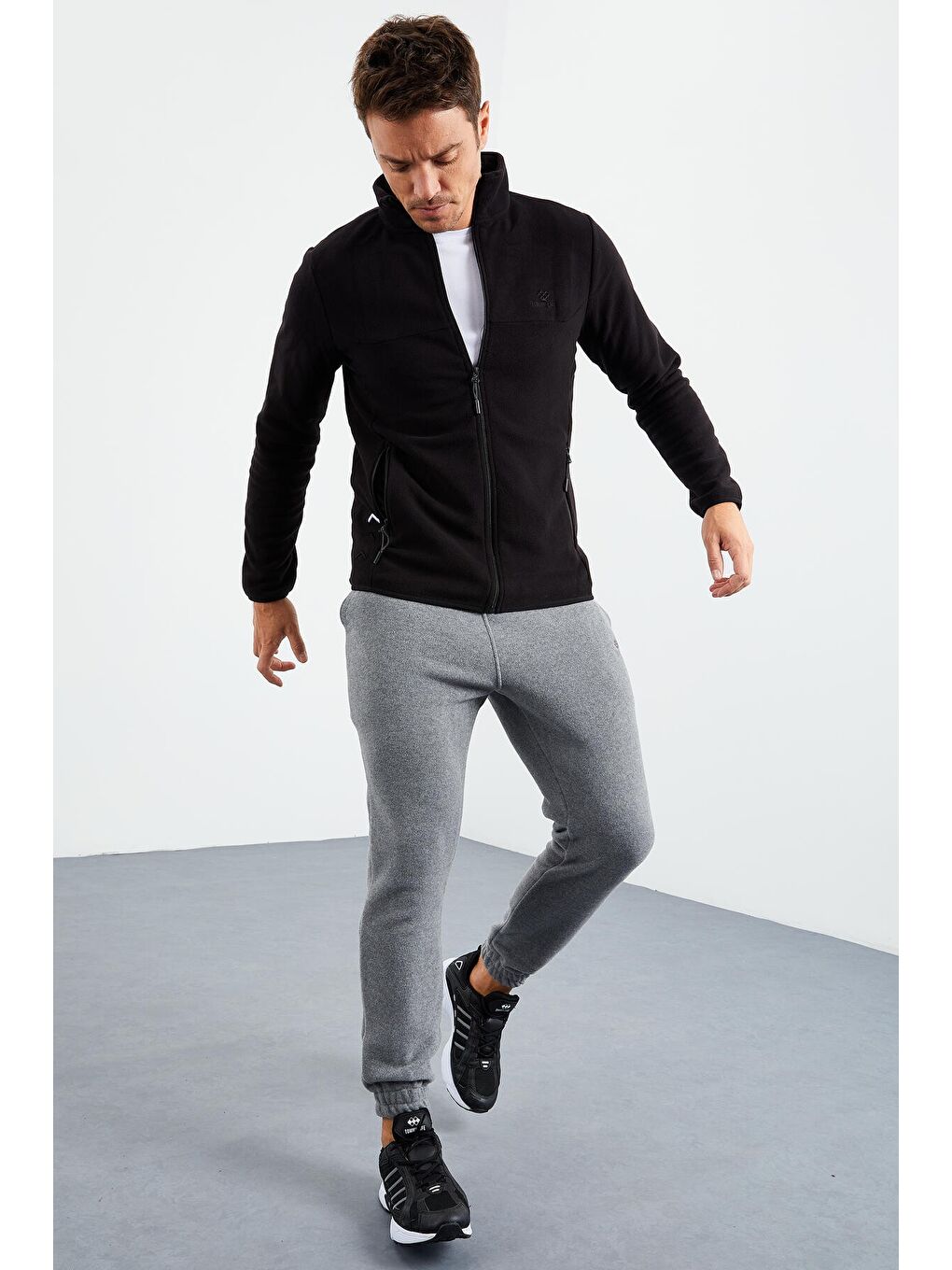 Siyah  Fermuarlı Sweatshirt Slim Fit Dik Yaka Erkek Polar - 87270-3