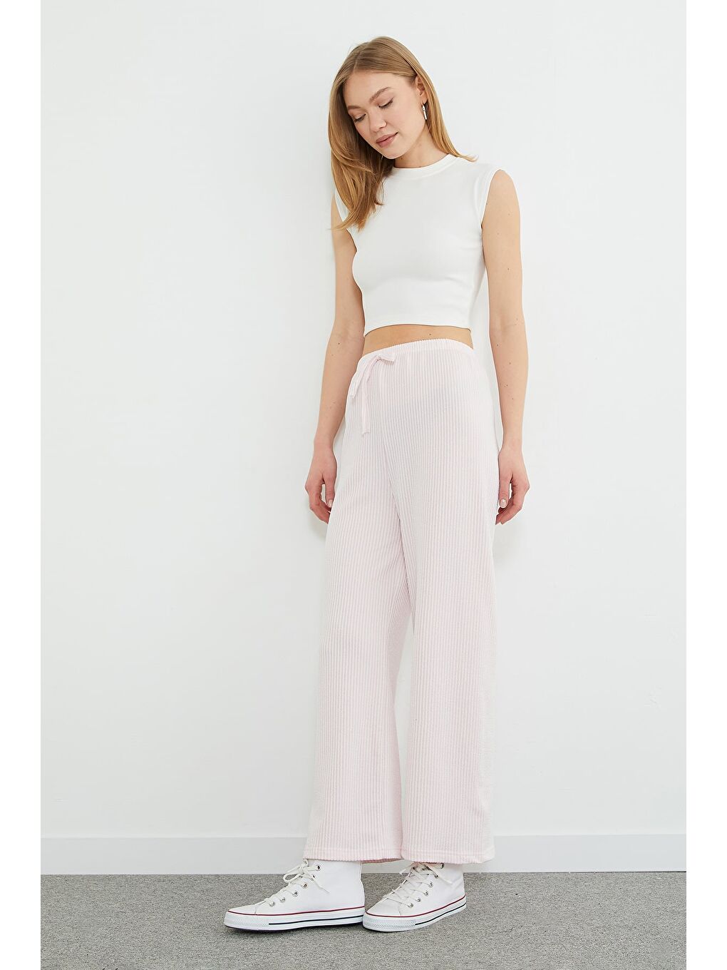 Pembe Çizgili Beli Lastikli Wide Leg Pantolon-3