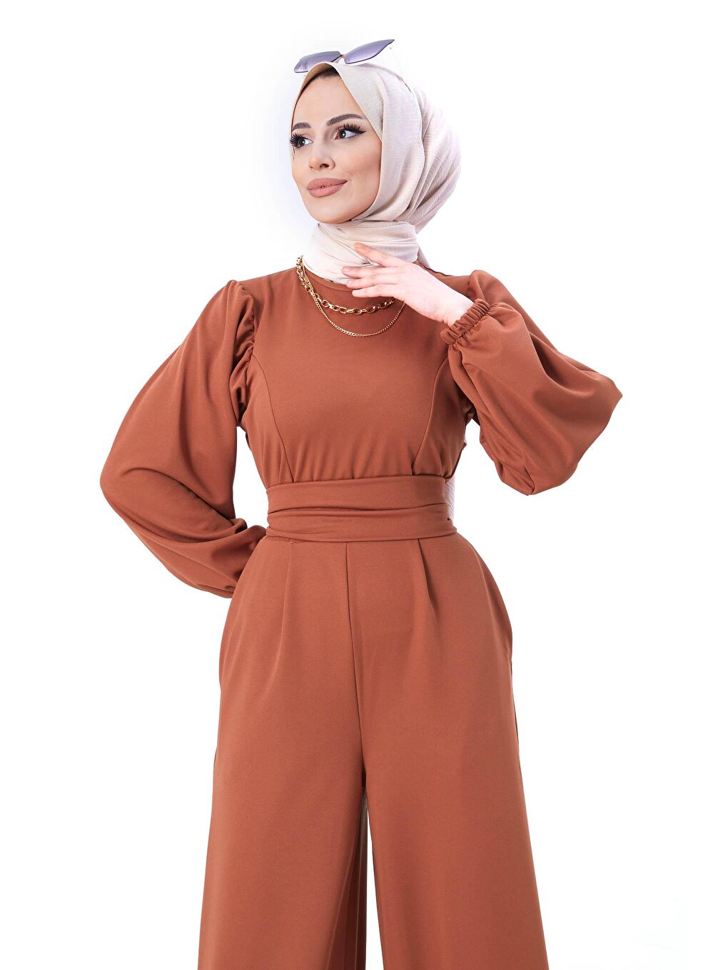 Kahverengi Bisiklet Yaka Kadın Taba Tulum - 11110-3