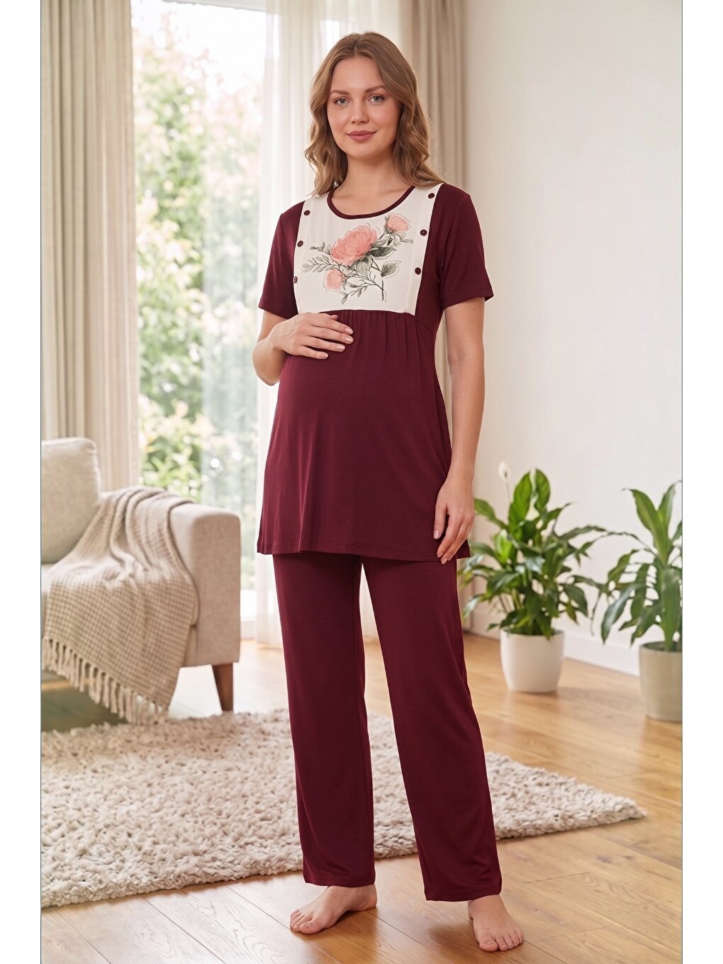 Bordo Rosette Çiçek Desenli Dantel Detaylı Sabahlıklı Hamile Ve Lohusa Pijama Takımı-4
