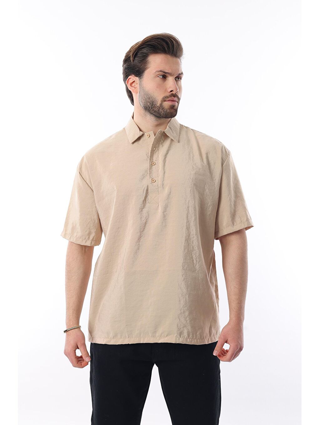 Bej Oversize Rahat Kesim Kısa Kollu Gömlek 6744-1