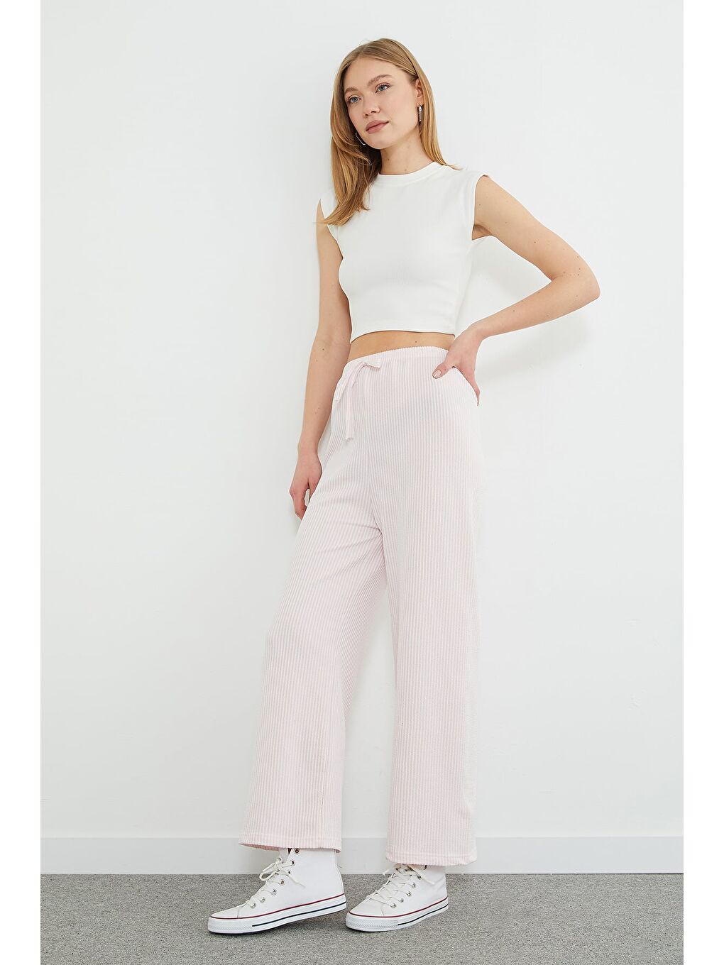 Pembe Çizgili Beli Lastikli Wide Leg Pantolon-4
