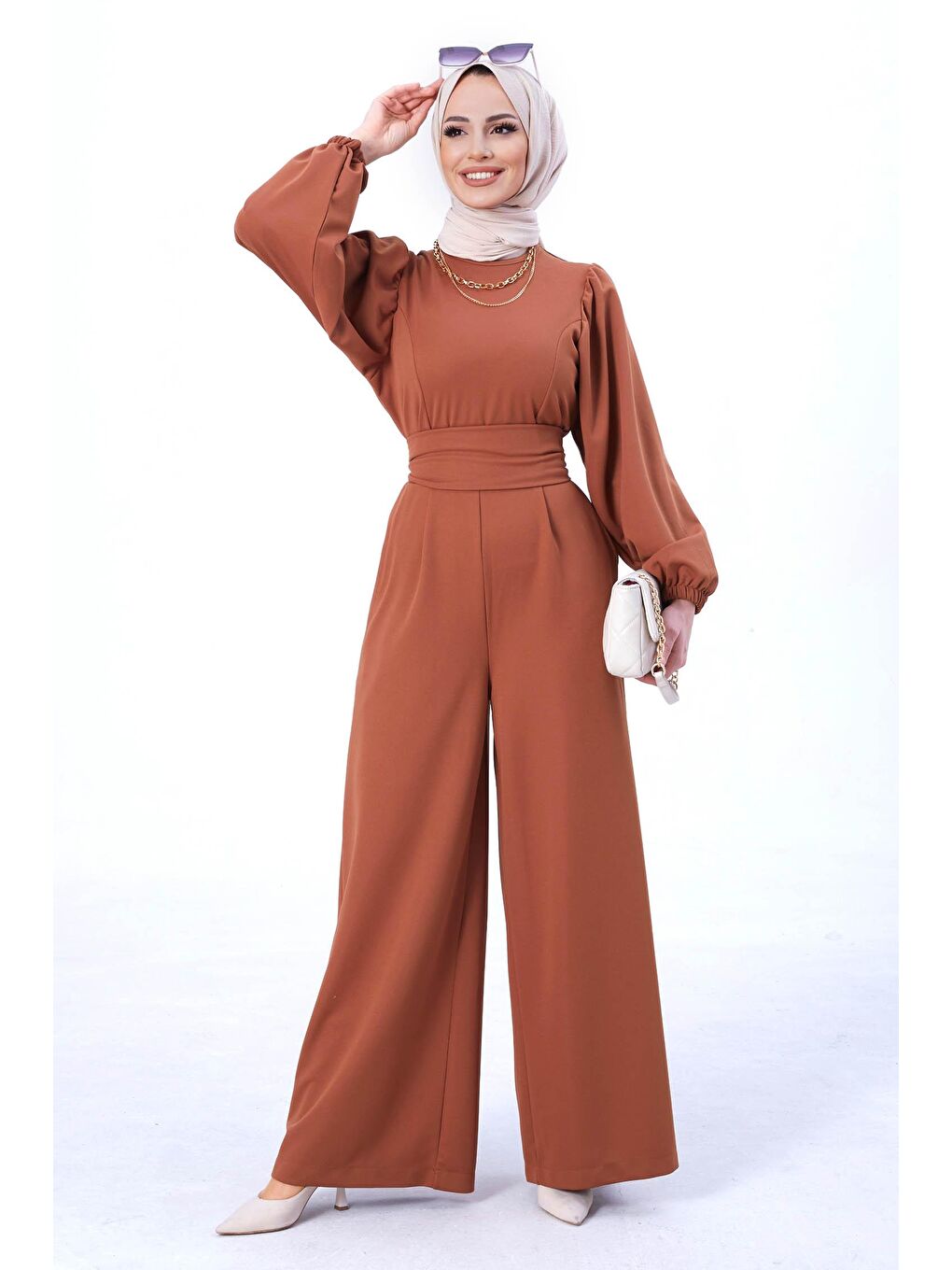 Kahverengi Bisiklet Yaka Kadın Taba Tulum - 11110-4