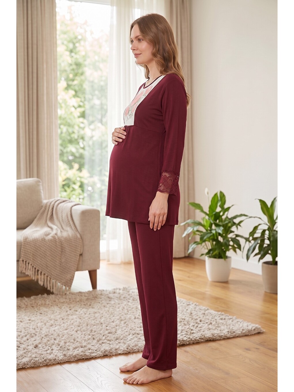 Bordo Rosette Çiçek Desenli Dantel Detaylı Sabahlıklı Hamile Ve Lohusa Pijama Takımı-5