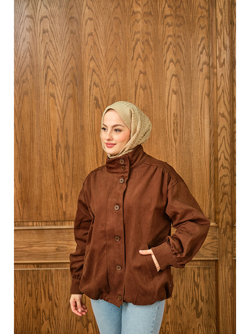 Kadın Düğme Detaylı Ceket Kahverengi-3