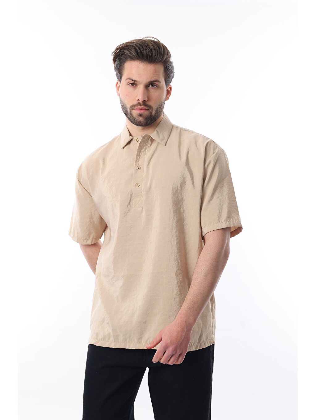 Bej Oversize Rahat Kesim Kısa Kollu Gömlek 6744-2